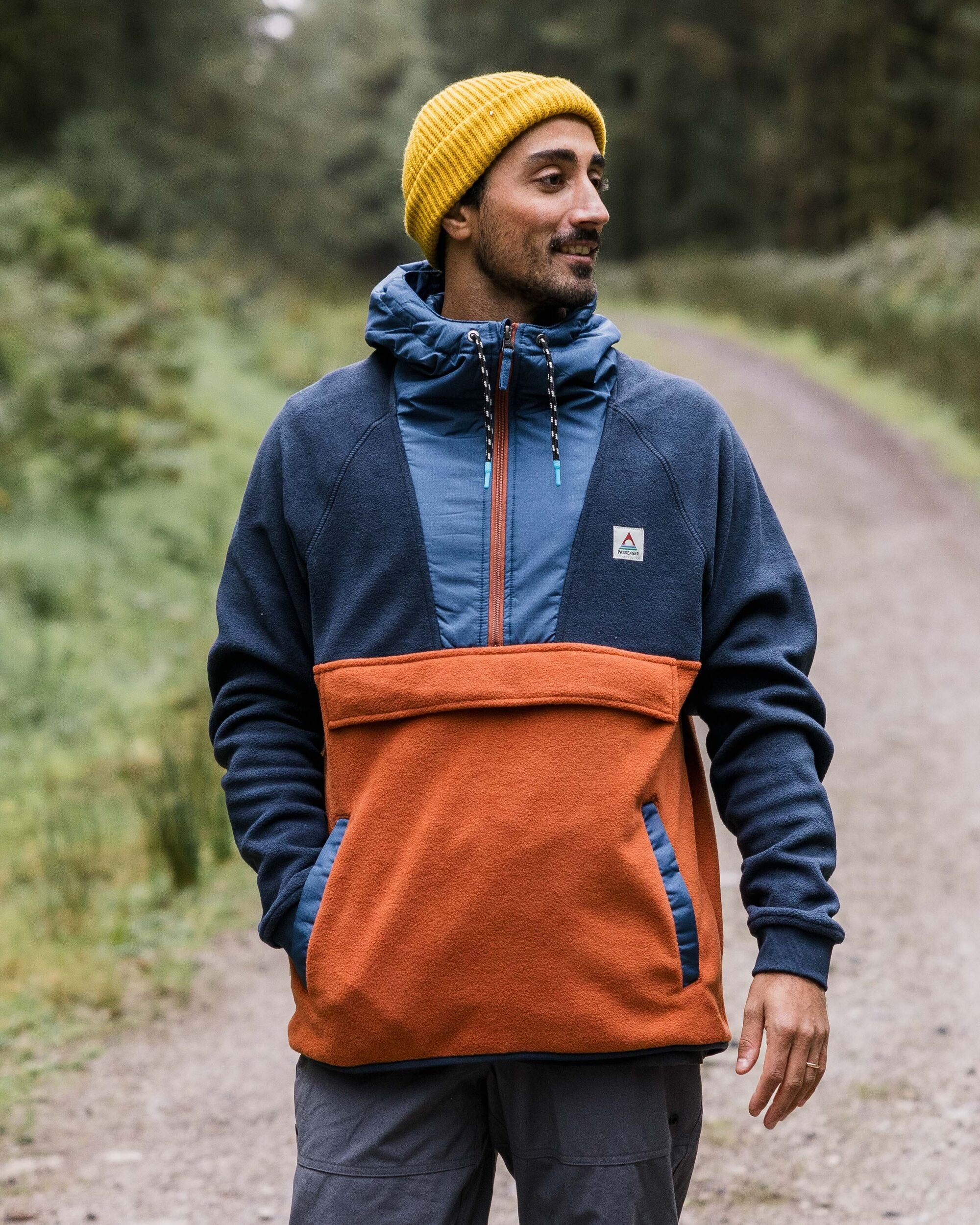 Woodland Hooded 1/2 Zip Recycled Polar Fleece - Deep Navy/Baked Clay - Lifestyle