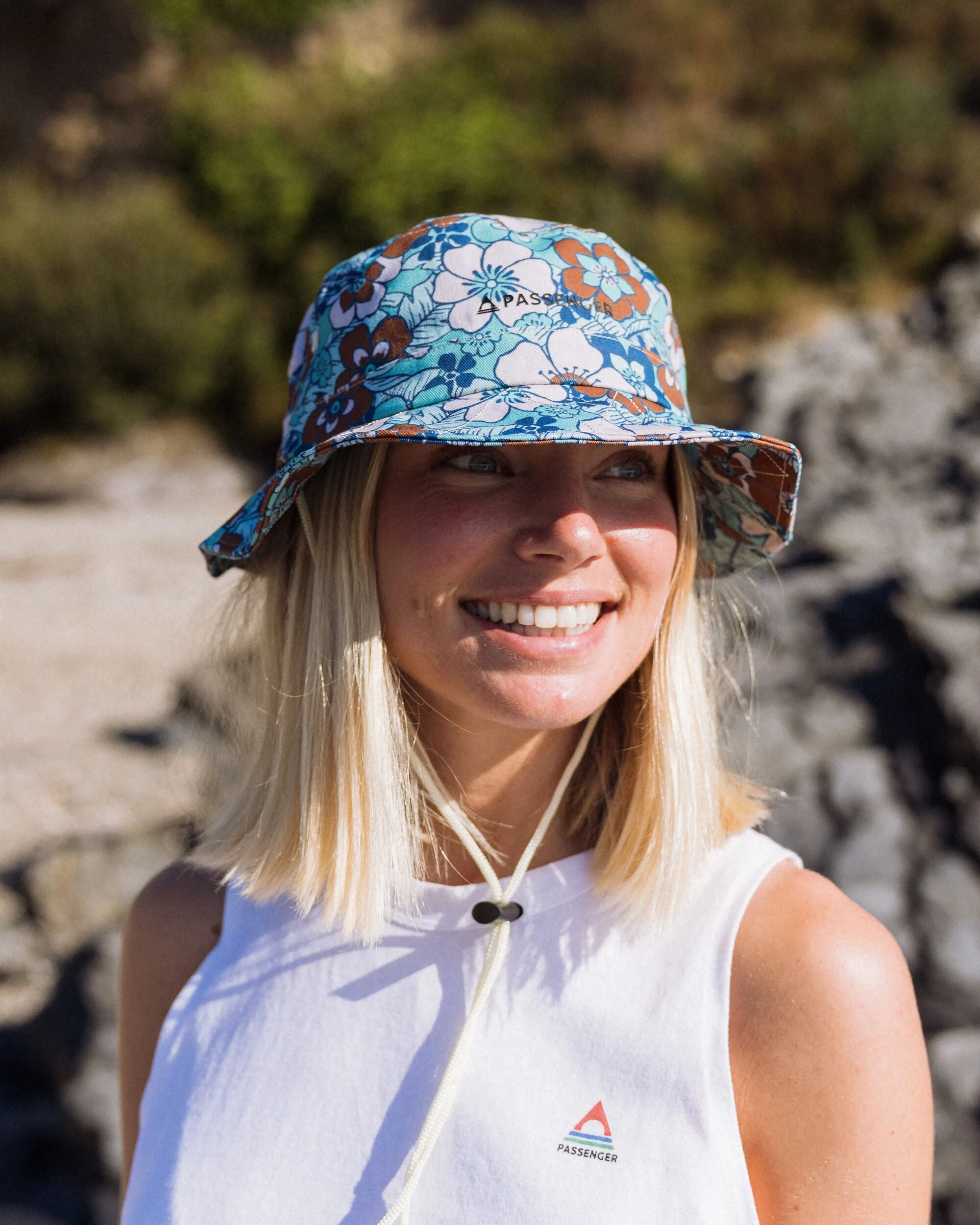Shaded Organic Bucket Hat - Vintage Floral Aqua - Lifestyle - Female
