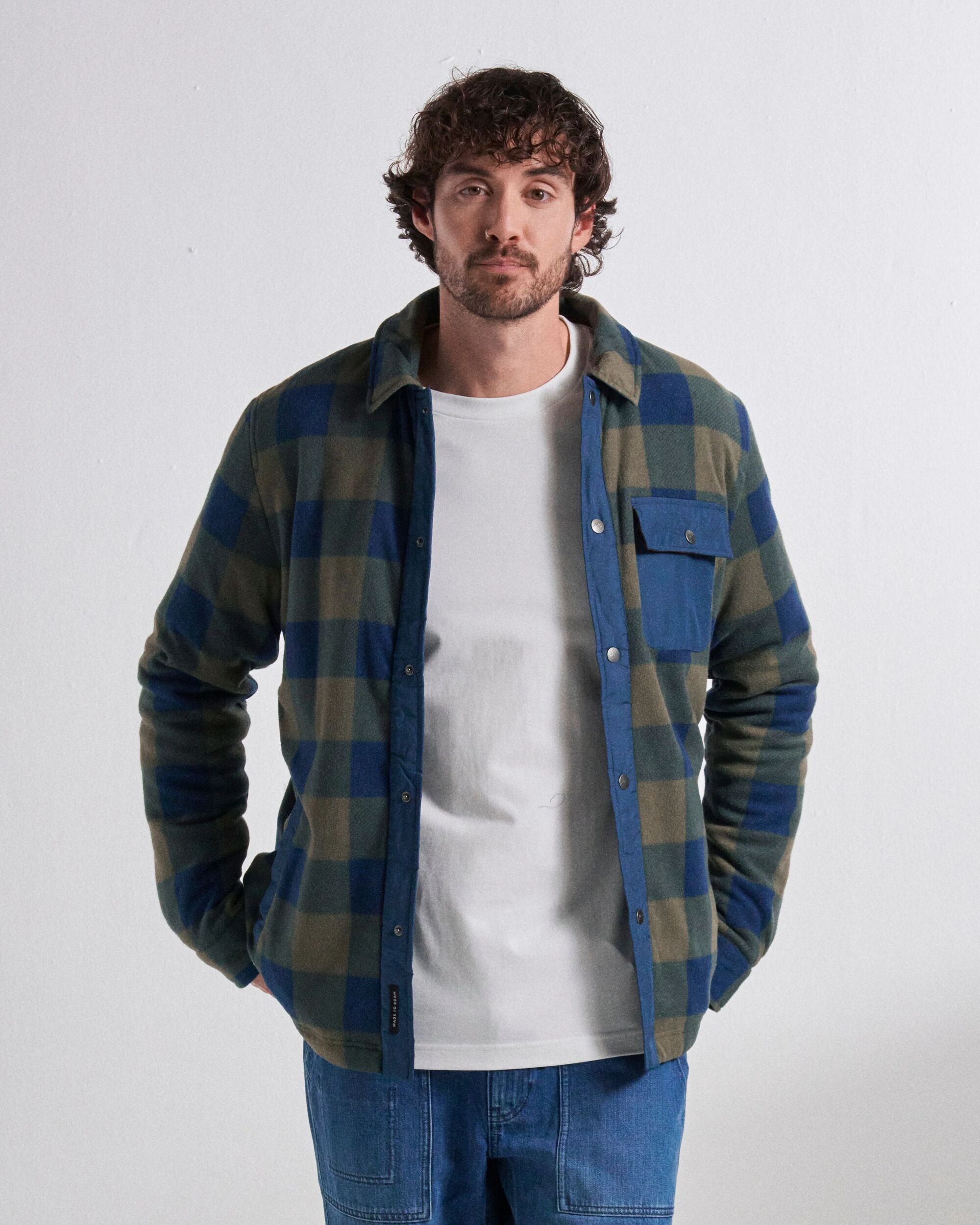 Firelight Sherpa Lined Overshirt - Dusty Olive/Dark Denim Check - Studio Model