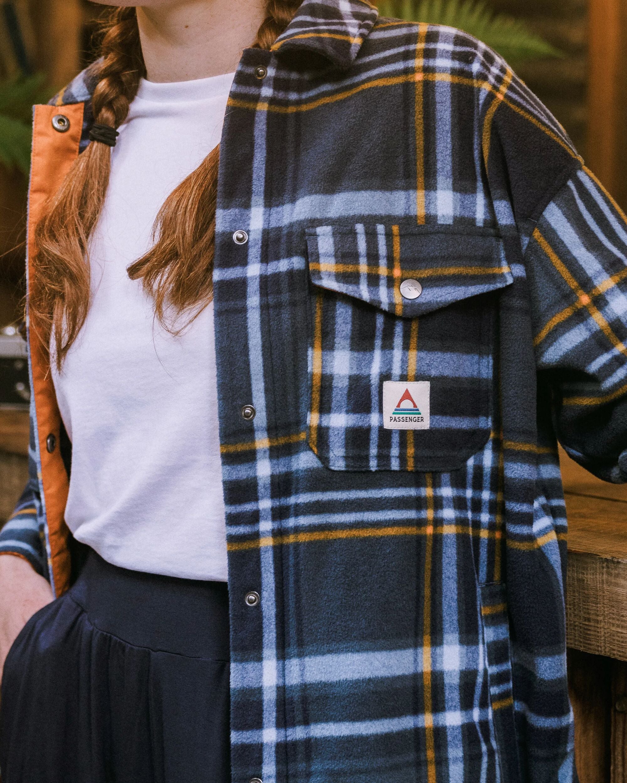 East Recycled Polar Fleece Shirt - Rich Navy/Faded Denim Check - Lifestyle