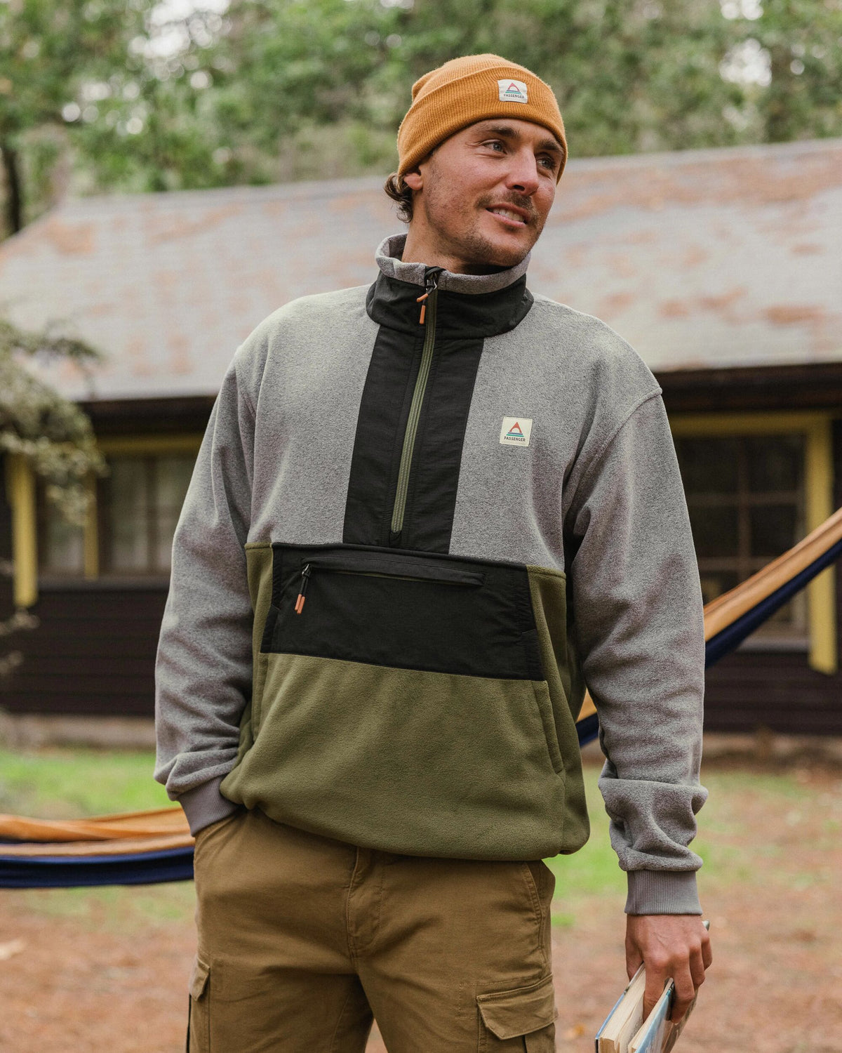 Woodland Hoodless 1/2 Zip Polartec® Fleece - Grey Marl/Khaki - Lifestyle
