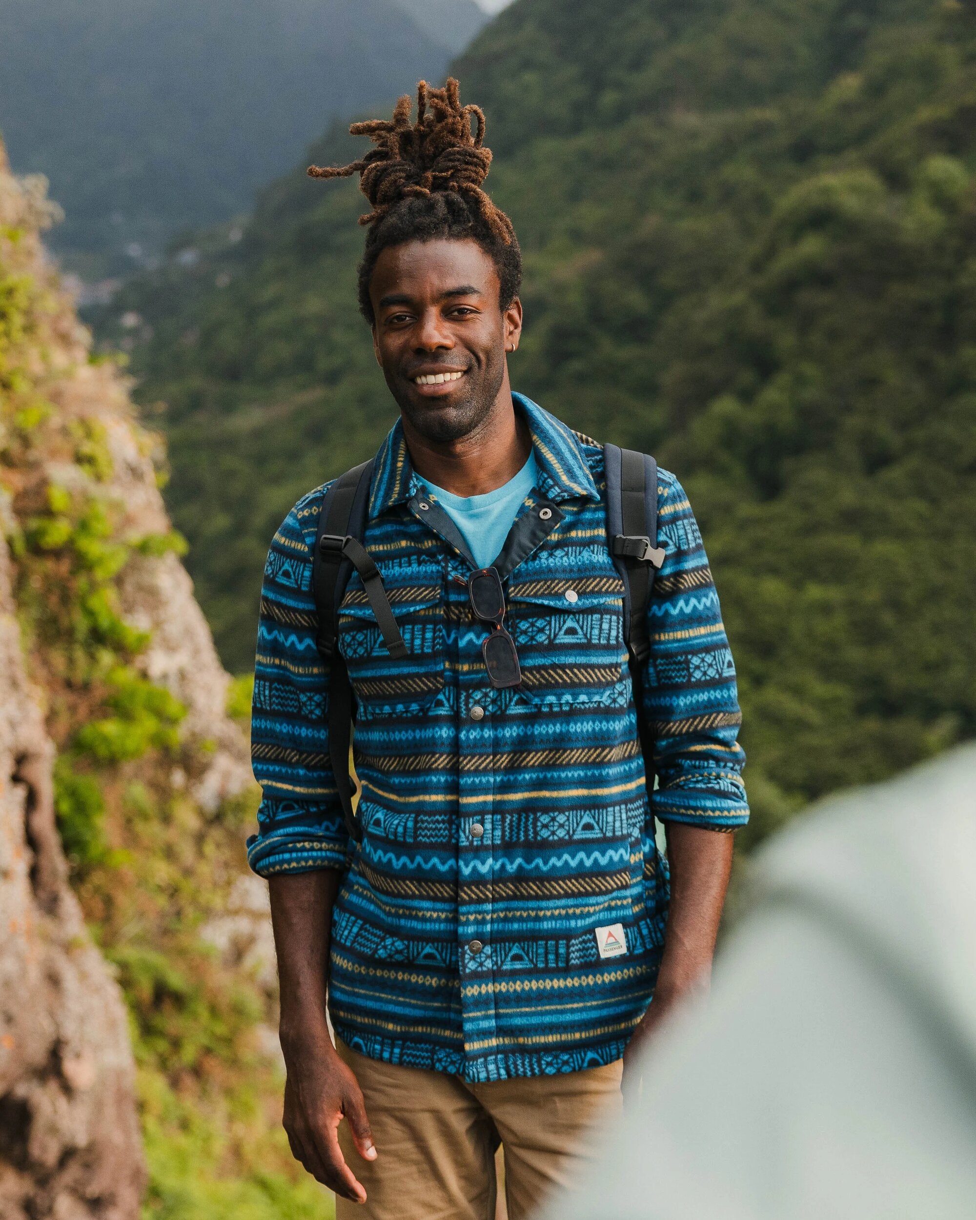 Maple Polar Recycled Fleece Shirt - Patchwork Stripe Tidal Blue - Lifestyle