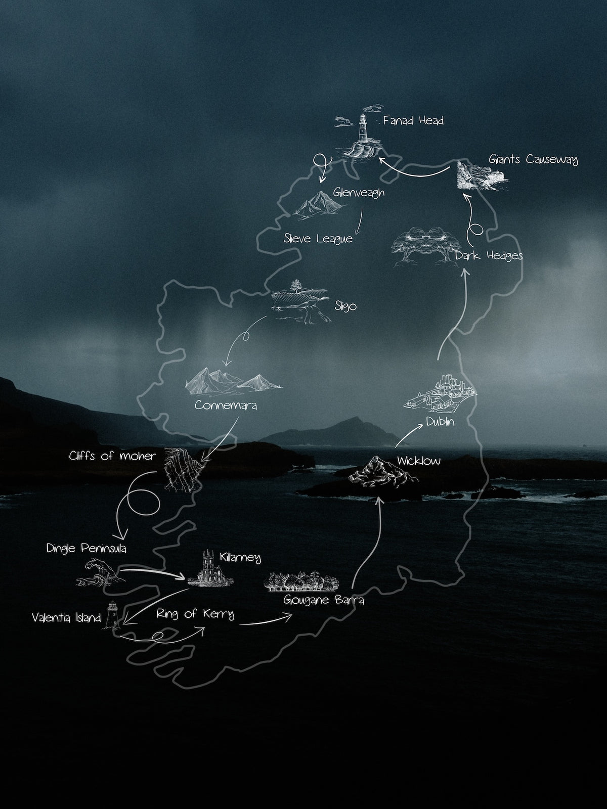 A dark map illustration of Ireland, featuring hand-drawn white outlines of regions and locations such as Giant's Causeway, Wicklow and Cliffs of Moher over a moody, stormy seascape background.