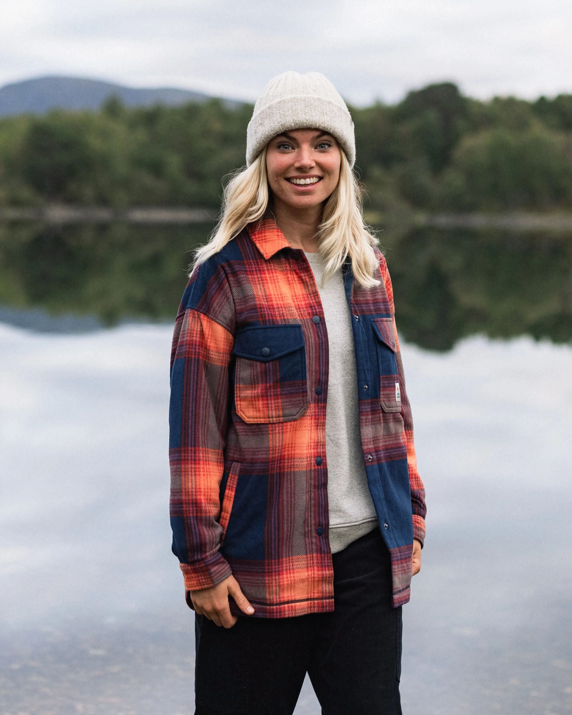 East Recycled Polar Fleece Shirt - Rich Navy/ Red Ochre Check - Lifestyle