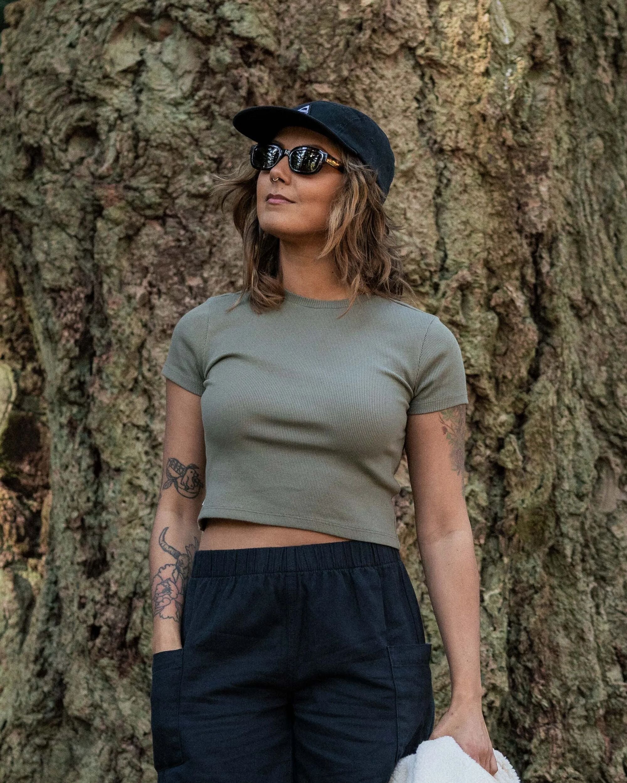 Out There Ribbed Cropped T-Shirt - Dusty Olive - Lifestyle