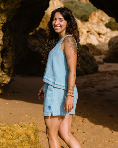 Waveney Top - Retro Blue  - Lifestyle