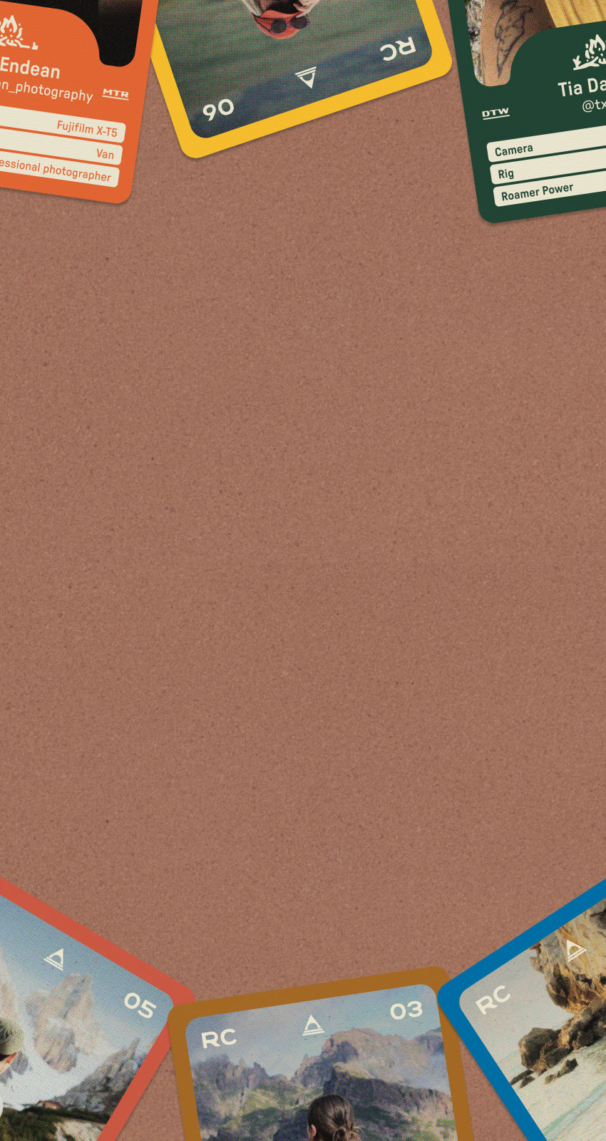 Collection of scenic cards with nature-themed designs on a brown background
