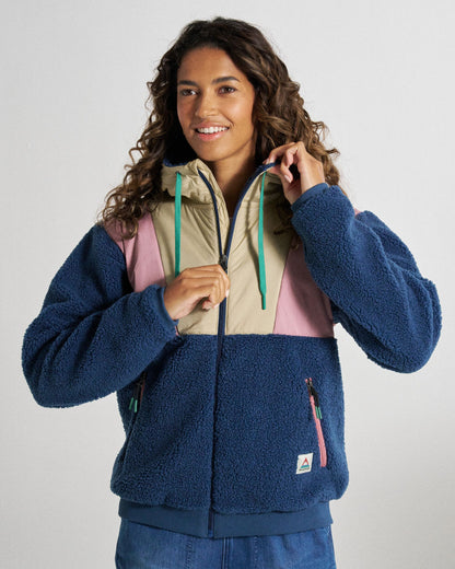 Joy Full Zip Hooded Sherpa Fleece - Dark Denim/Feather - Studio Model