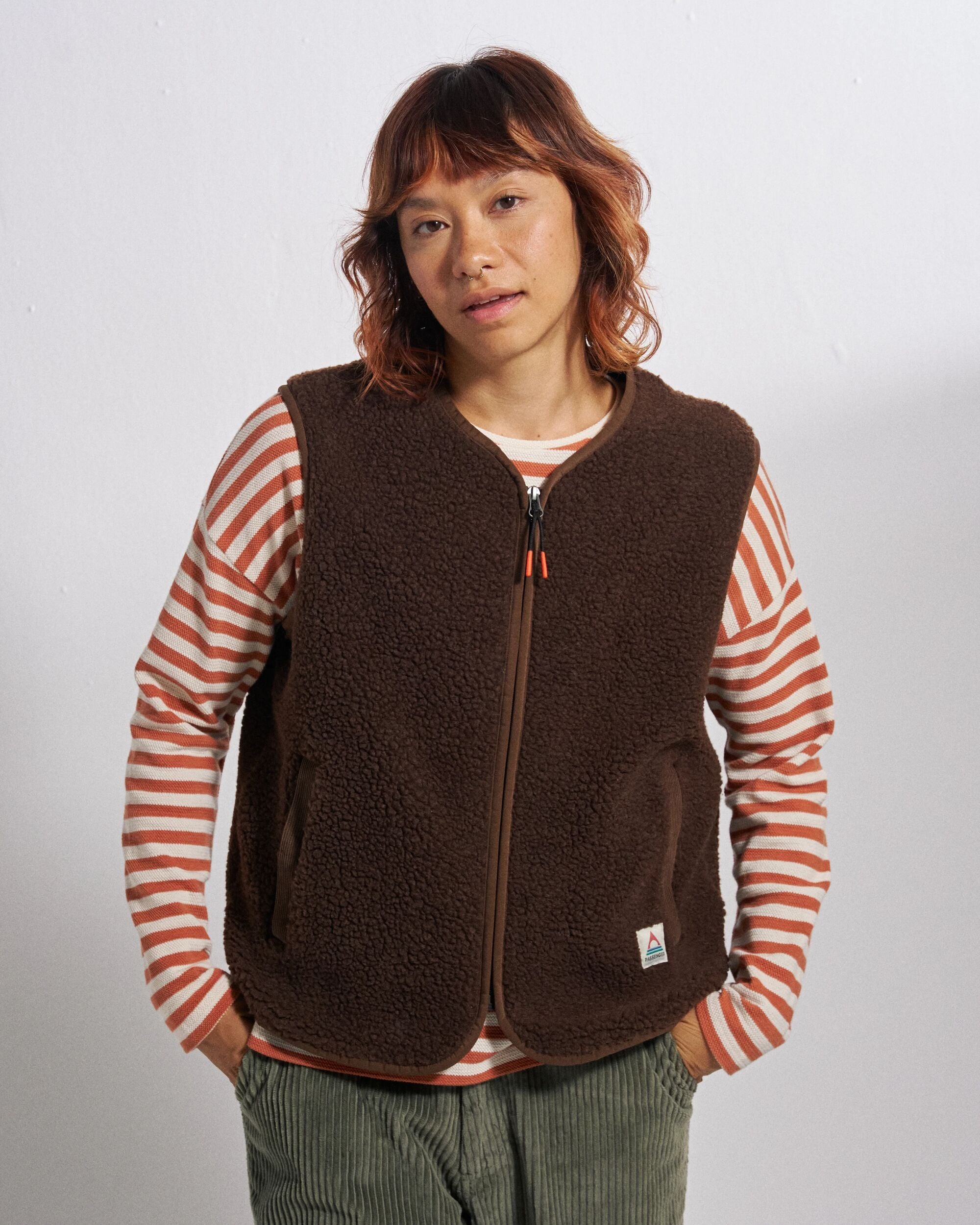 Tawny Collarless Deep-Pile Sherpa Gilet - Chestnut - Studio Model