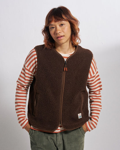 Tawny Collarless Deep-Pile Sherpa Gilet - Chestnut - Studio Model