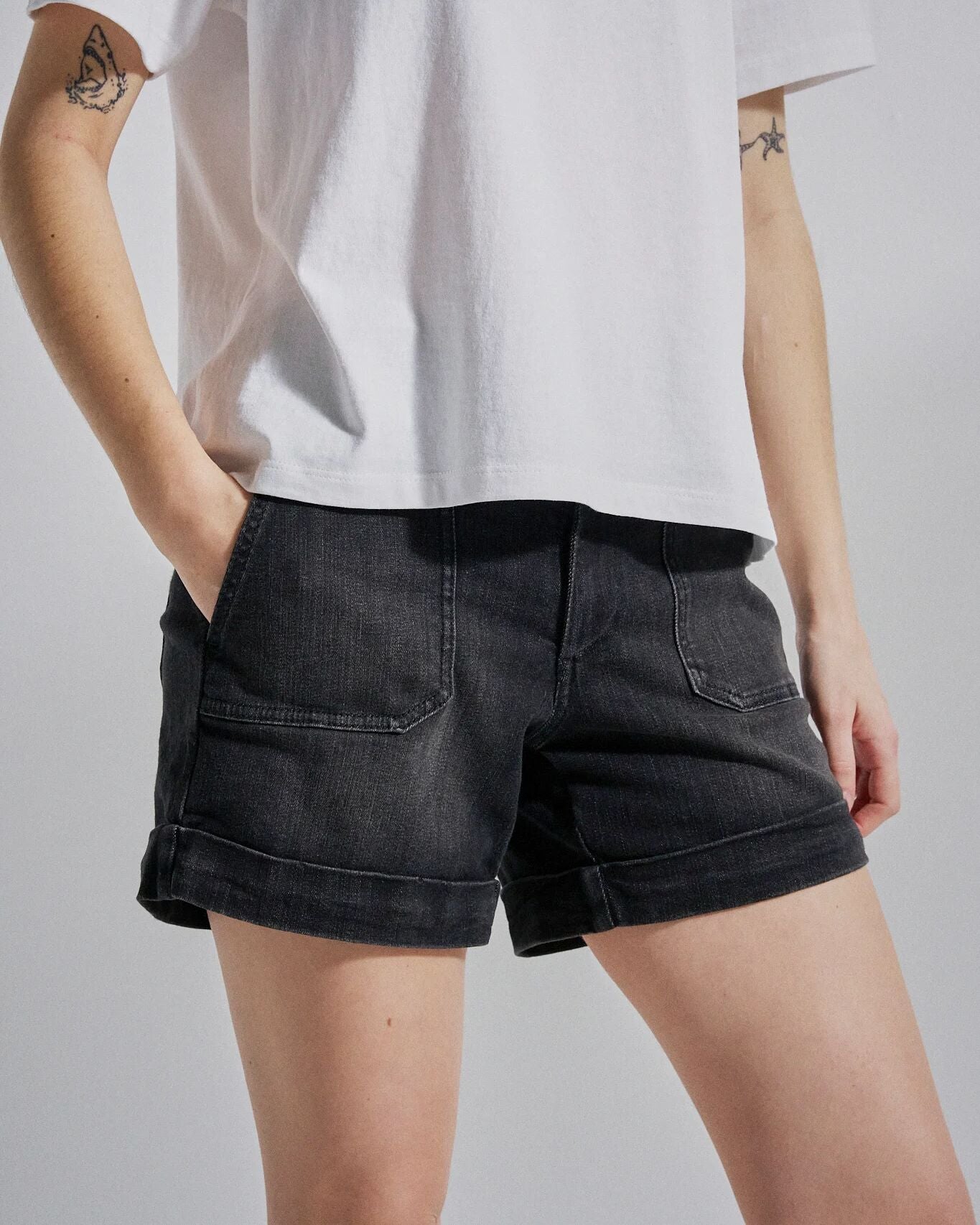 Carriso Denim Short - Washed Black Denim - Studio Model