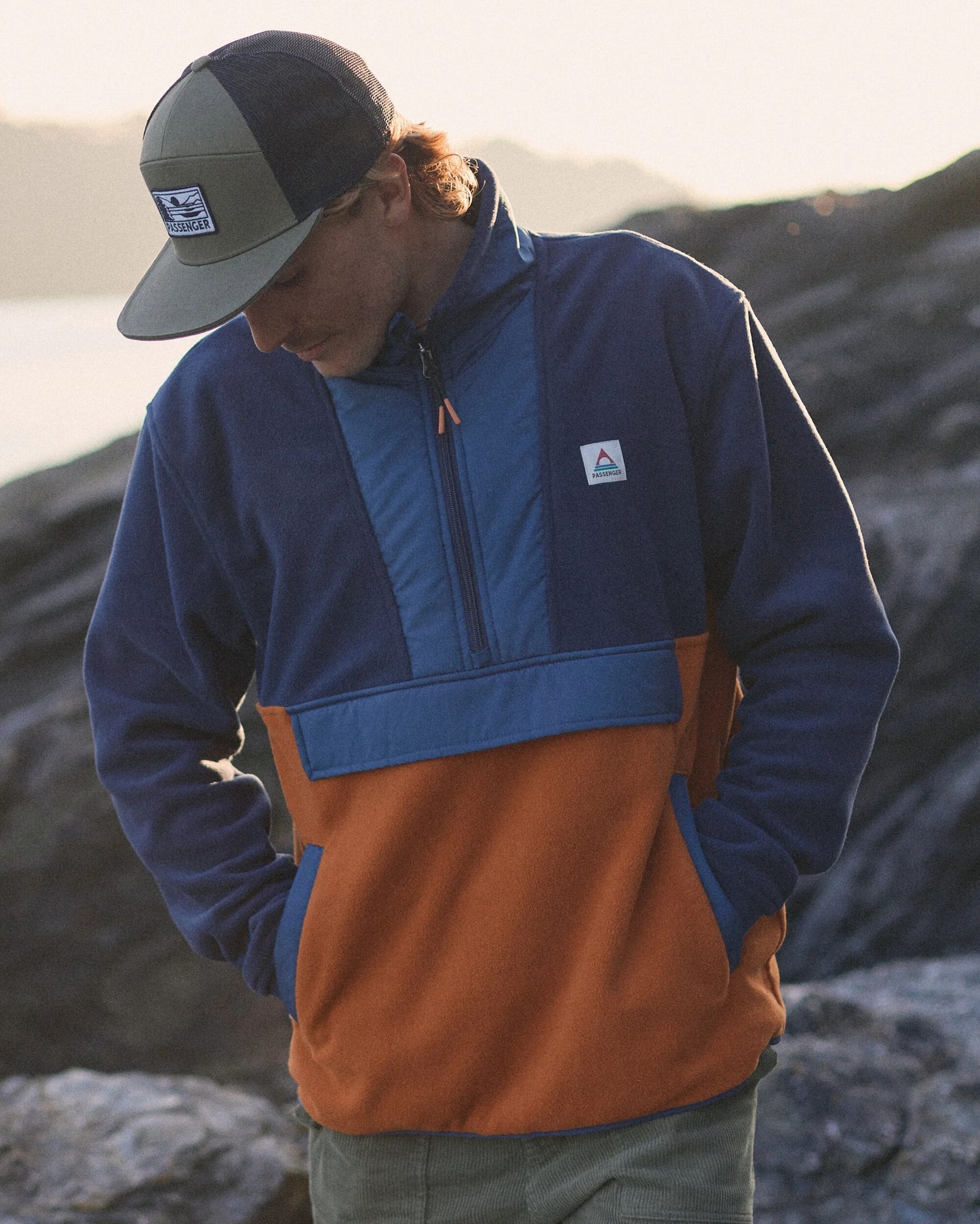 Woodland Hoodless Recycled Polar Fleece - Rich Navy/Sunset Orange - Lifestyle