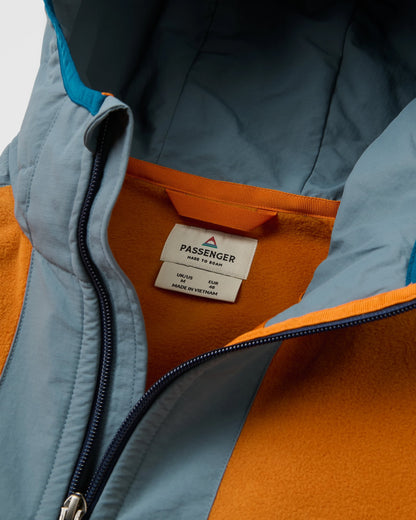Woodland Hooded 1/2 Zip Recycled Polartec® Fleece - Retro Orange/Tidal Blue - Flatlay