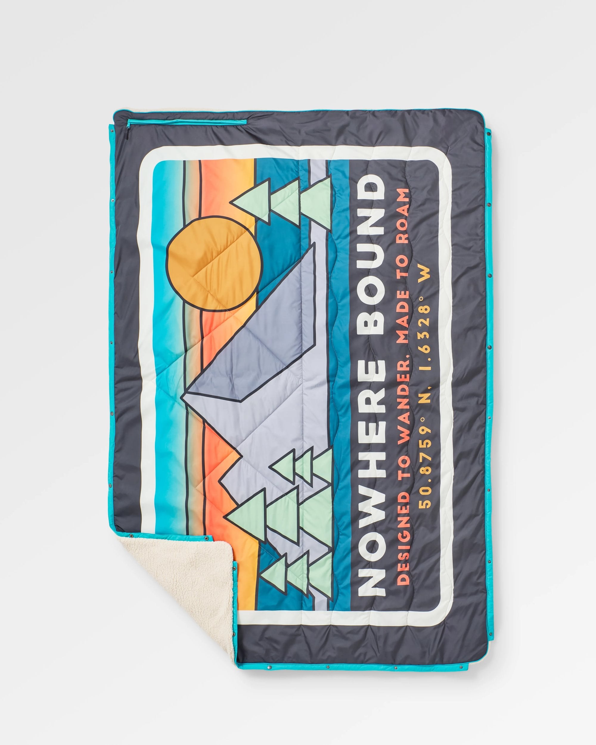 Cabin Recycled Sherpa Blanket - Black 'Nowhere Bound' Print - Flatlay