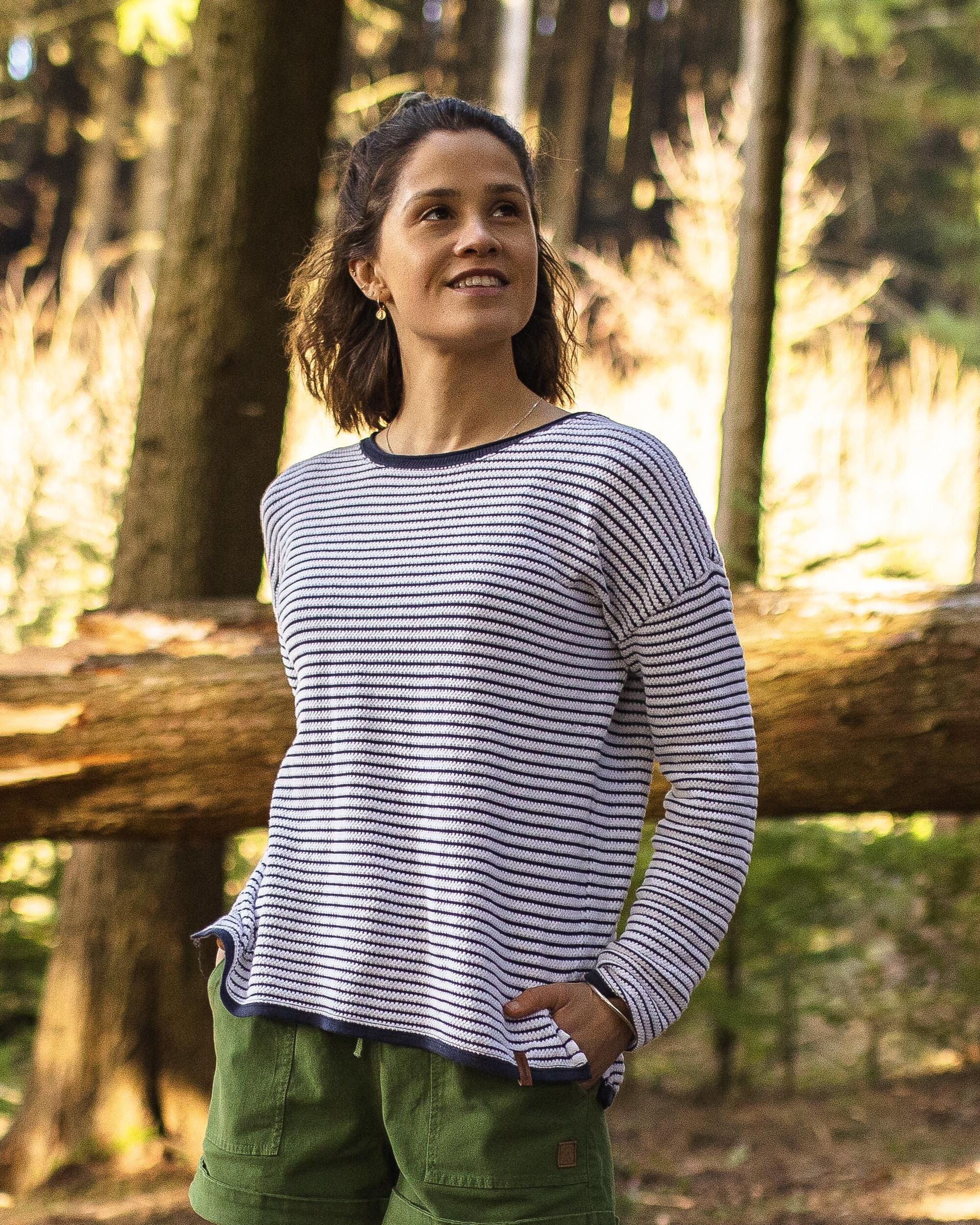 Muir Organic Knitted Jumper - Off White Stripe - Lifestyle