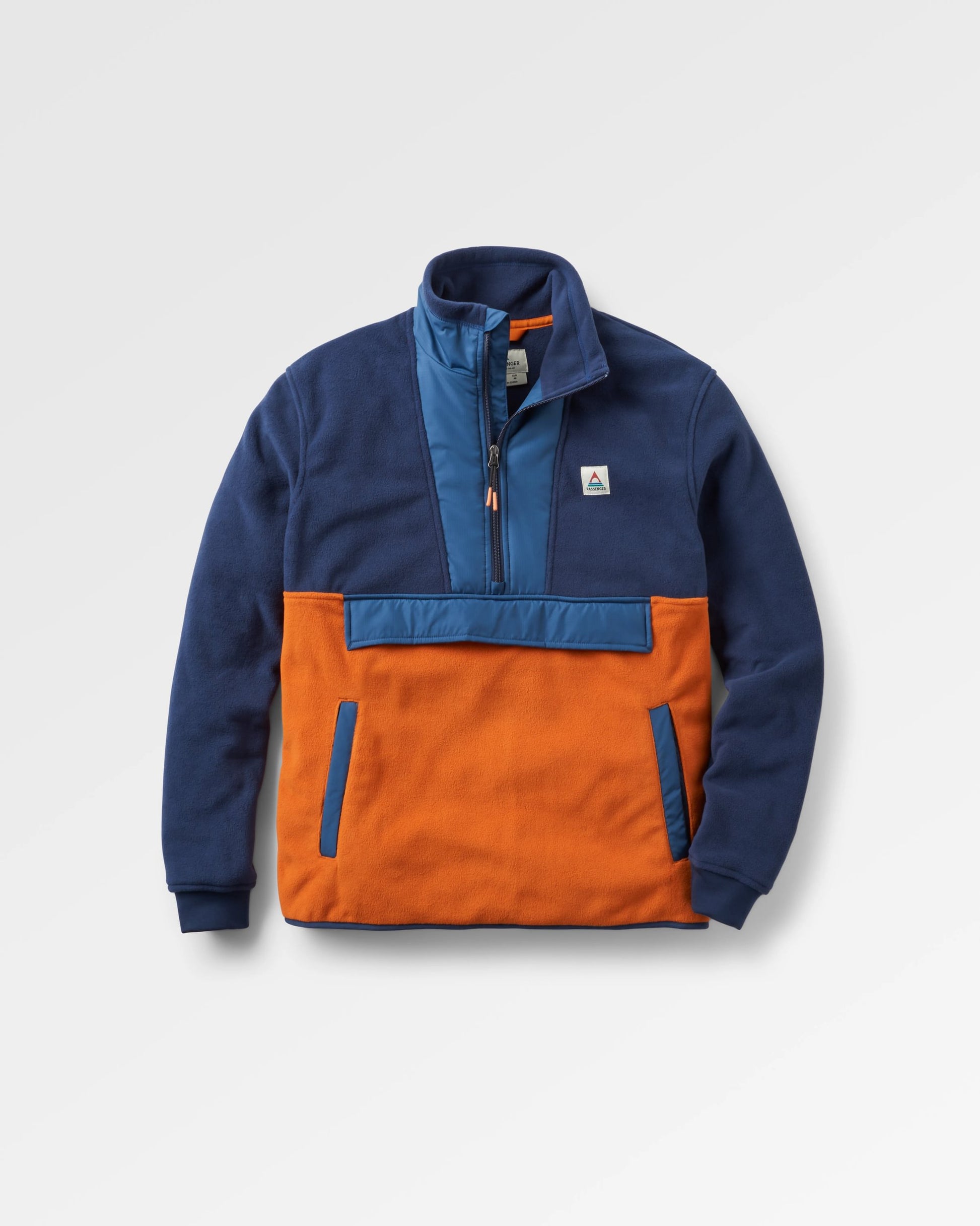 Woodland Hoodless Recycled Polar Fleece - Rich Navy/Sunset Orange - Flatlay