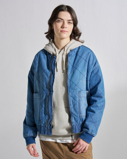 Lucia Sherpa Lined Bomber Jacket - Denim Blue - Studio Model