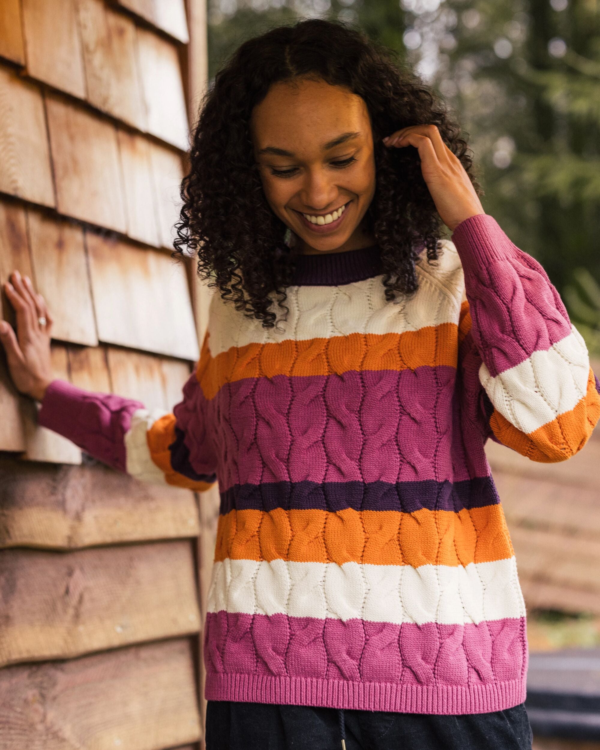 Comfort Organic Cotton Knitted Jumper - Rhubarb Multi Stripe - Lifestyle