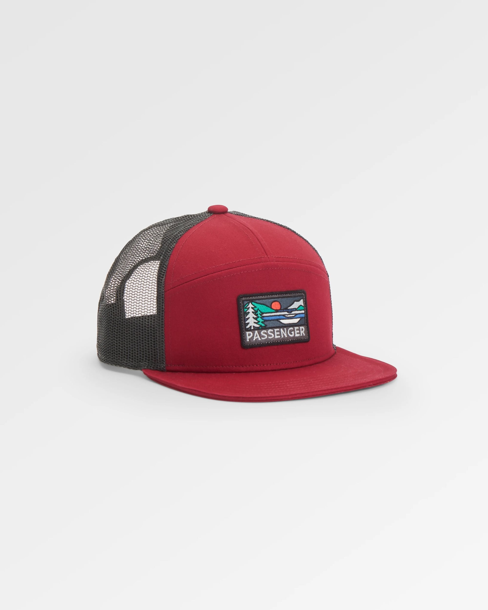 Roamer 7 Panel Organic Cotton Trucker Cap - Wine - Flatlay