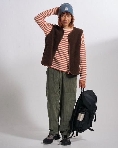 Tawny Collarless Deep-Pile Sherpa Gilet - Chestnut - Studio Model