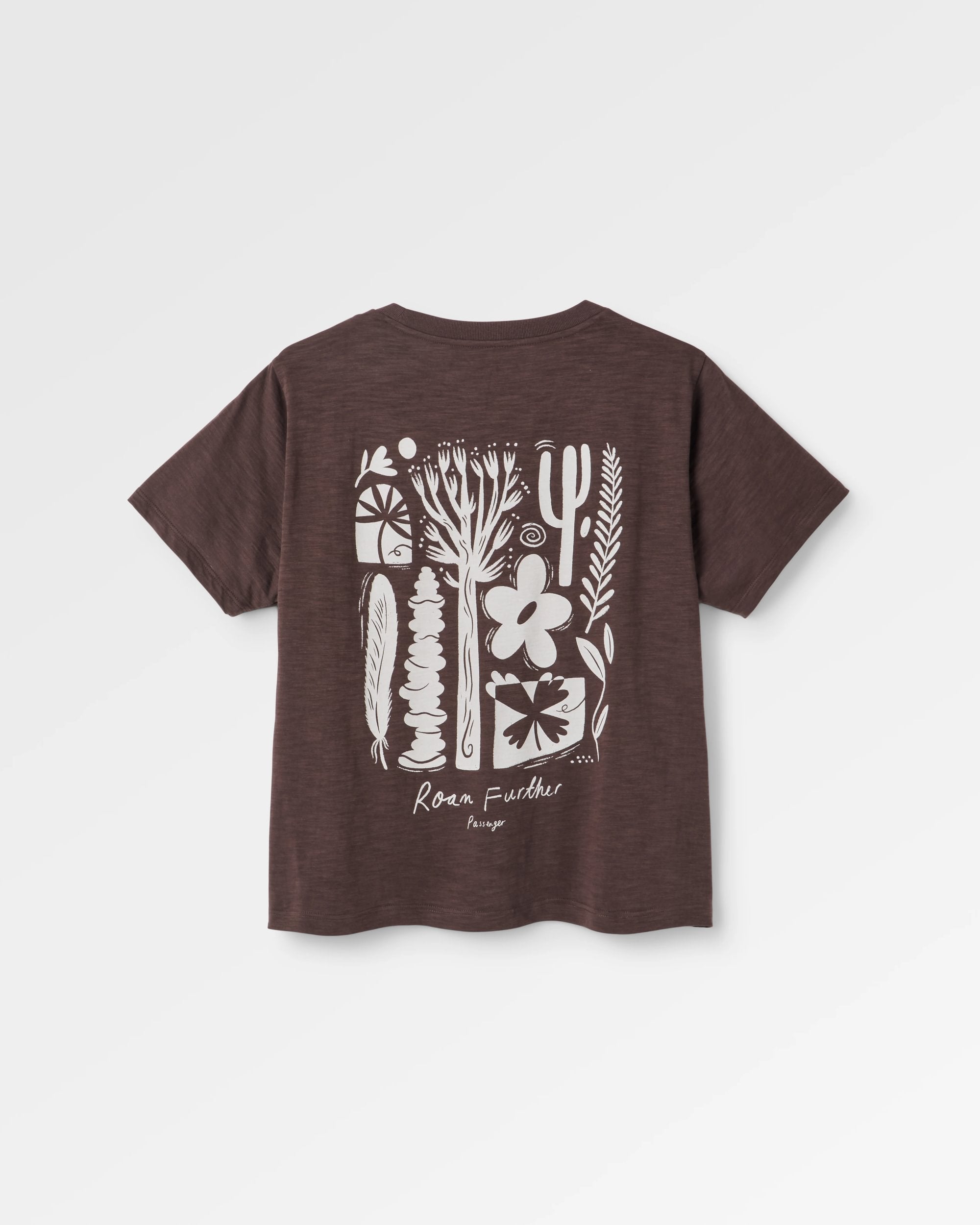 Womens Roam Further T-shirt - Espresso - Flatlay
