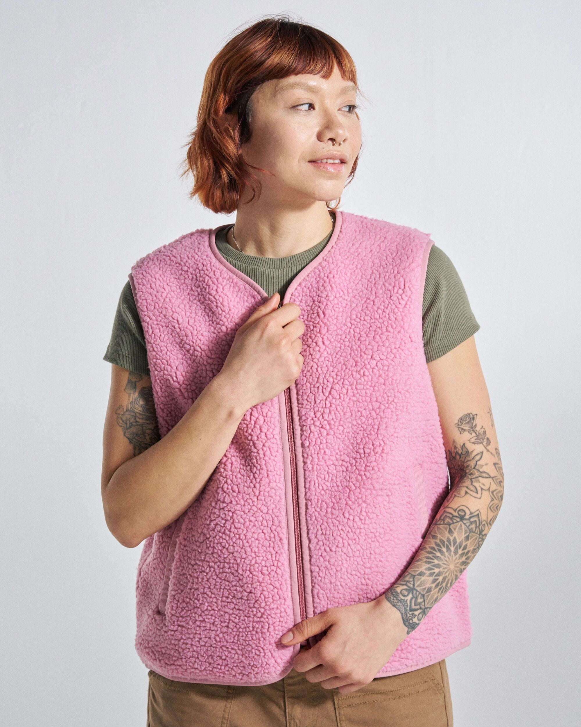 Tawny Collarless Deep-Pile Sherpa Gilet - Pink Haze - Studio Model