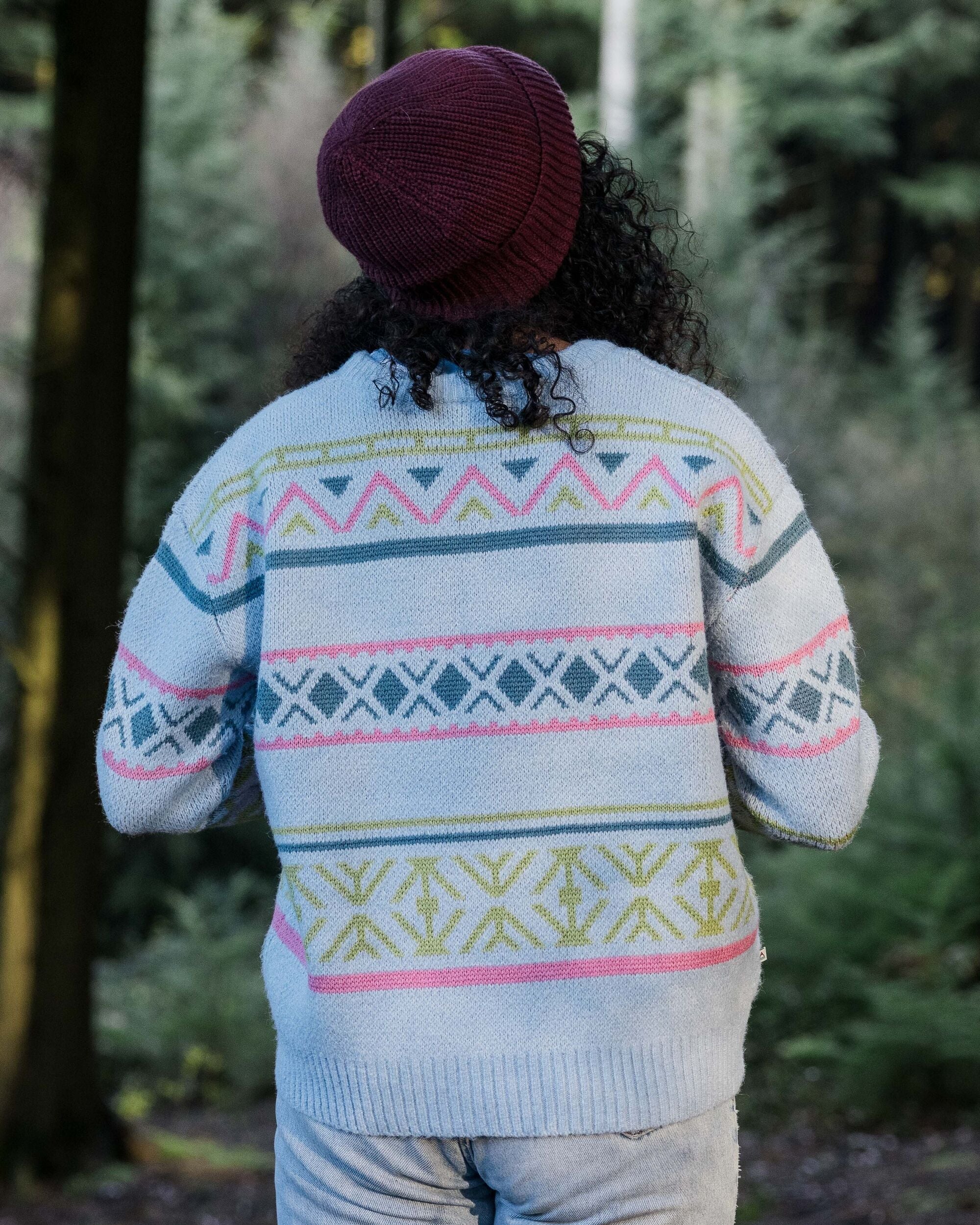 Whimsical Recycled Knitted Jumper - Homespun Stripe Blue Fog - Lifestyle