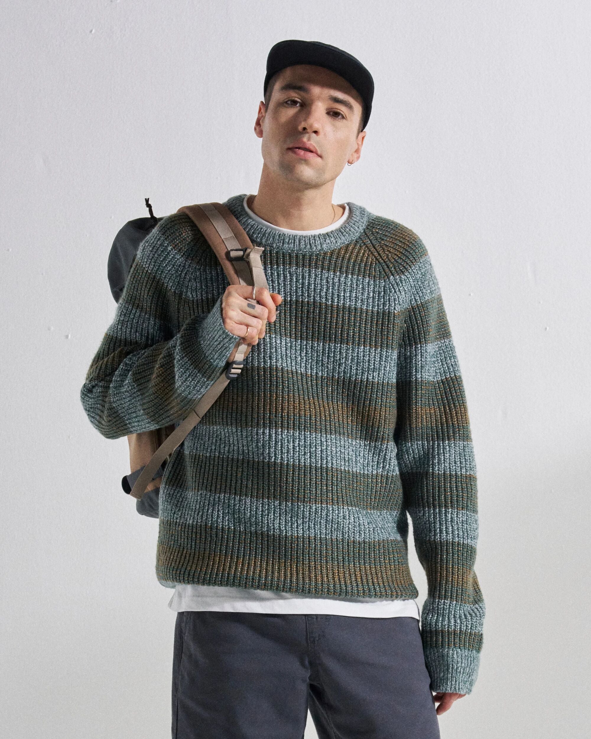 Fog Knitted Jumper - Faded Denim Multi Stripe - Studio Model