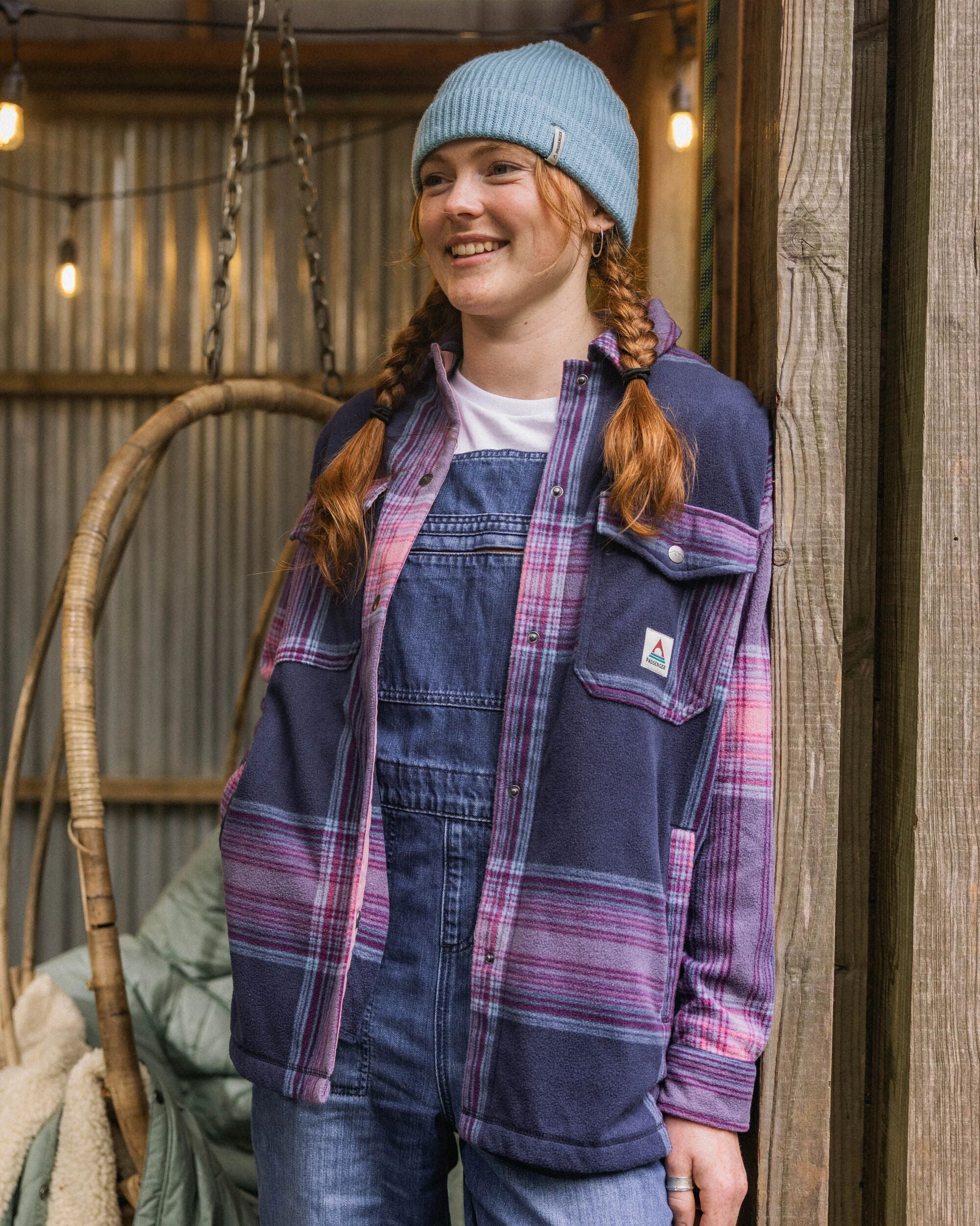 East Recycled Polar Fleece Shirt - Rich Navy/Pink Haze Check - Lifestyle