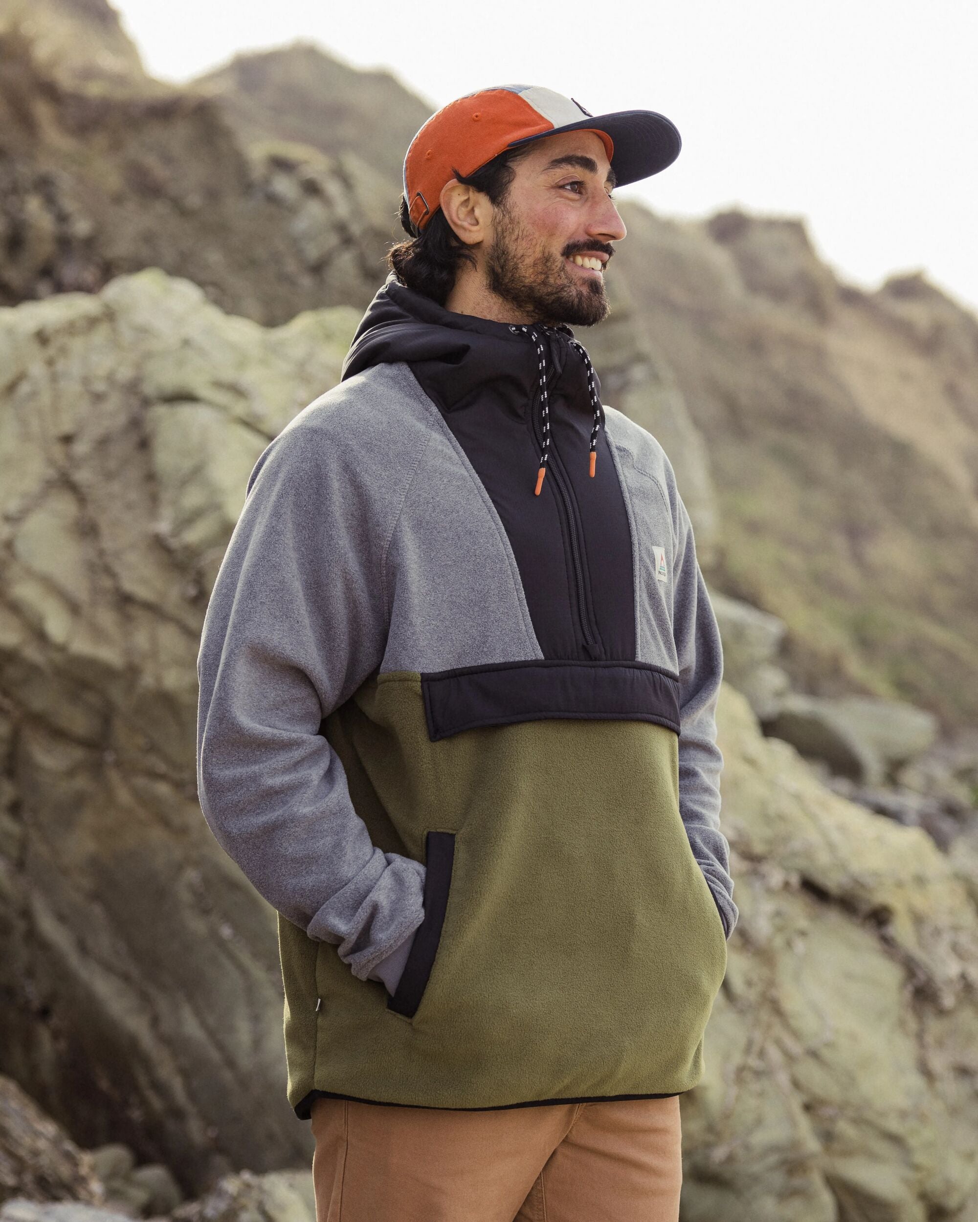 Woodland Hooded 1/2 Zip Recycled Polar Fleece - Grey Marl/Khaki - Lifestyle