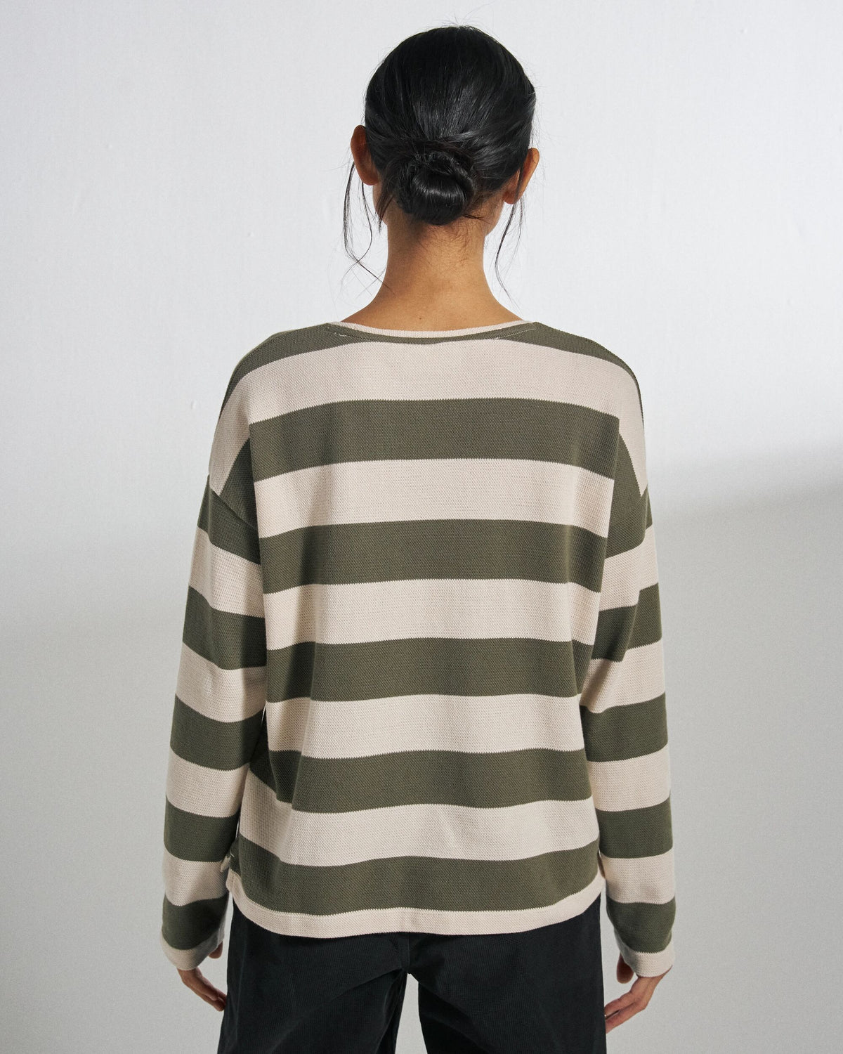 Panorama Striped LS T-Shirt - Dusty Olive - Studio Model