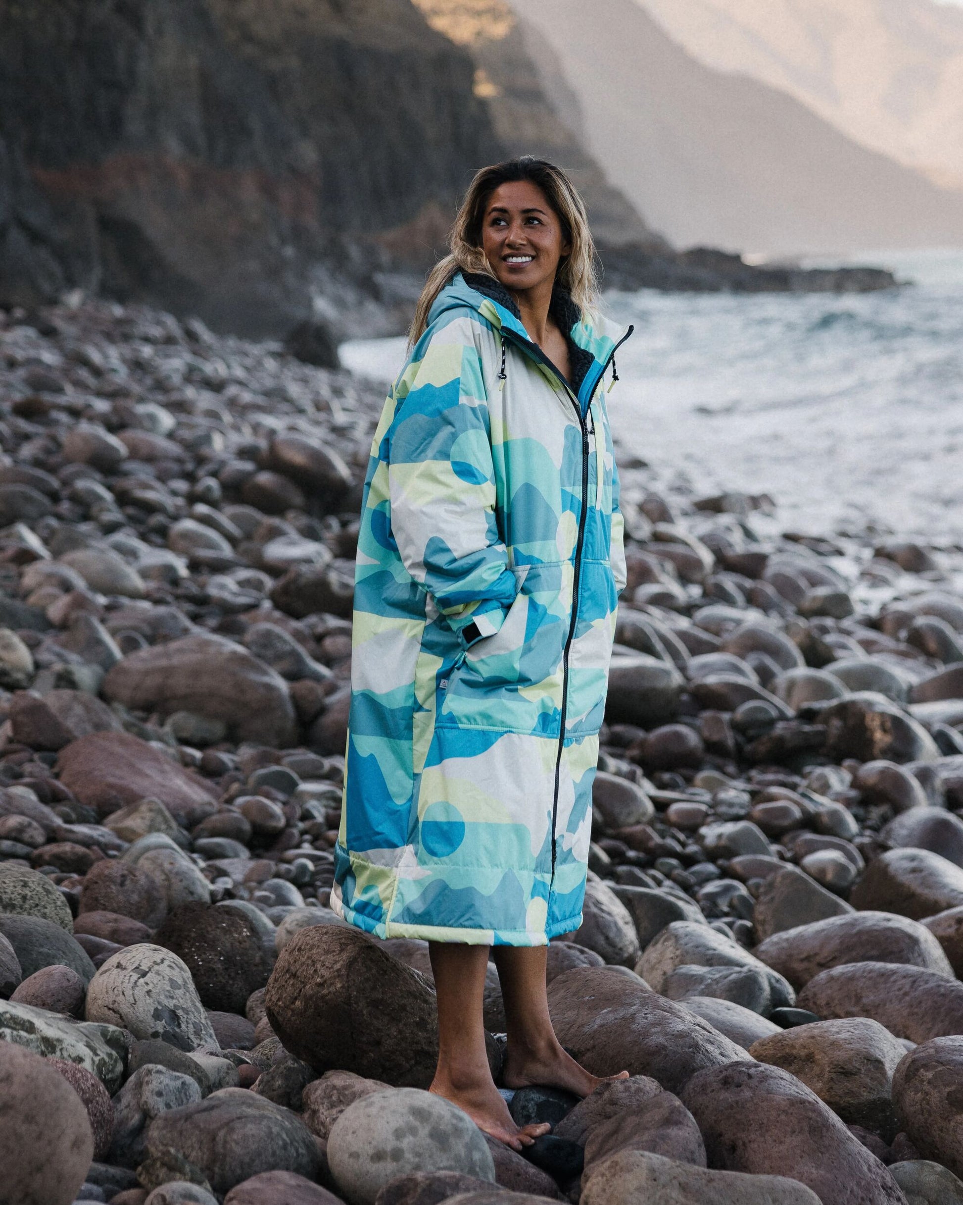 Womens_Waves Recycled Sherpa Lined Changing Robe - Vista Patchwork Aqua - Lifestyle