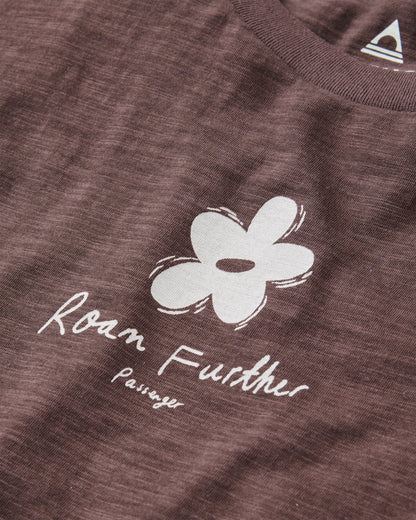 Womens Roam Further T-shirt - Espresso - Flatlay